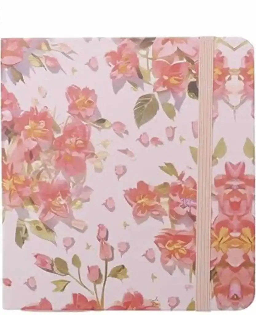 Un carnet de notes fermé avec une couverture rigide rose clair ornée d'un motif floral délicat représentant des fleurs dans les tons rose vif, saumon et jaune avec de petites feuilles vertes. Une bande élastique verticale de couleur rose pâle est fixée sur le côté droit pour maintenir le carnet bien fermé.
