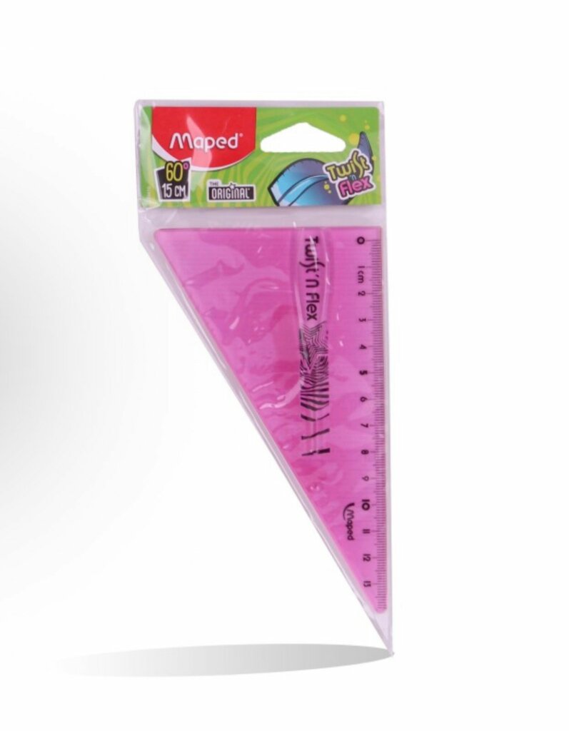 Une équerre rose translucide de 15 cm de la marque Maped, modèle Twist 'n Flex, présentée verticalement dans son emballage d'origine. L'emballage cartonné en haut montre le logo rouge Maped et des illustrations bleues démontrant la flexibilité et la résistance de l'outil scolaire.