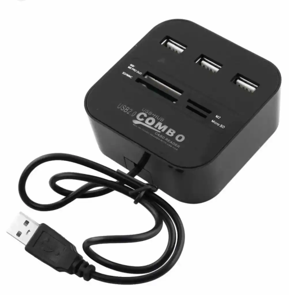 Hub USB 2.0 Combo et lecteur de cartes mémoire tout-en-un noir avec câble de connexion USB intégré.