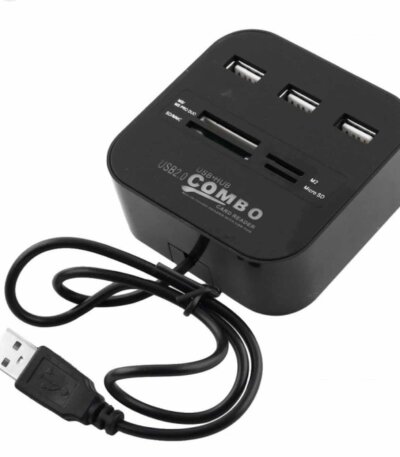 Hub USB 2.0 Combo et lecteur de cartes mémoire tout-en-un noir avec câble de connexion USB intégré.