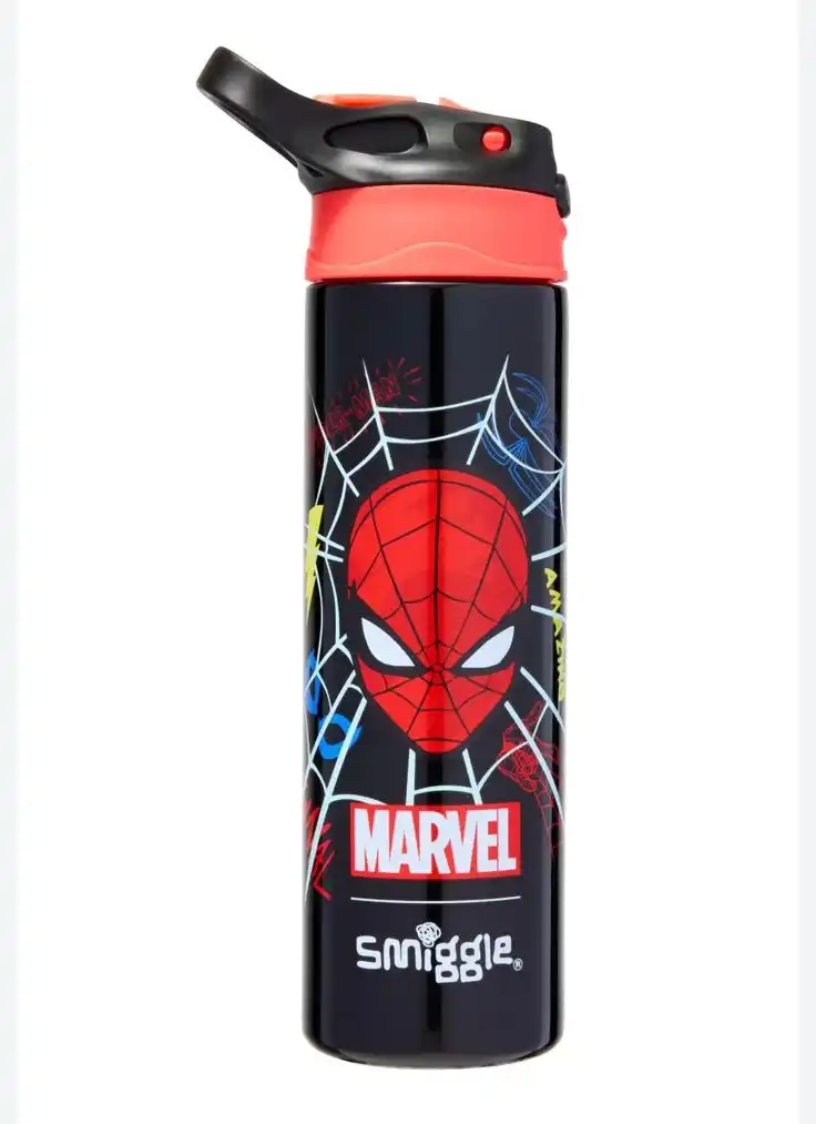 Gourde noire et rouge Marvel Spider-Man par la marque Smiggle, dotée d'un bouchon sport noir avec poignée.