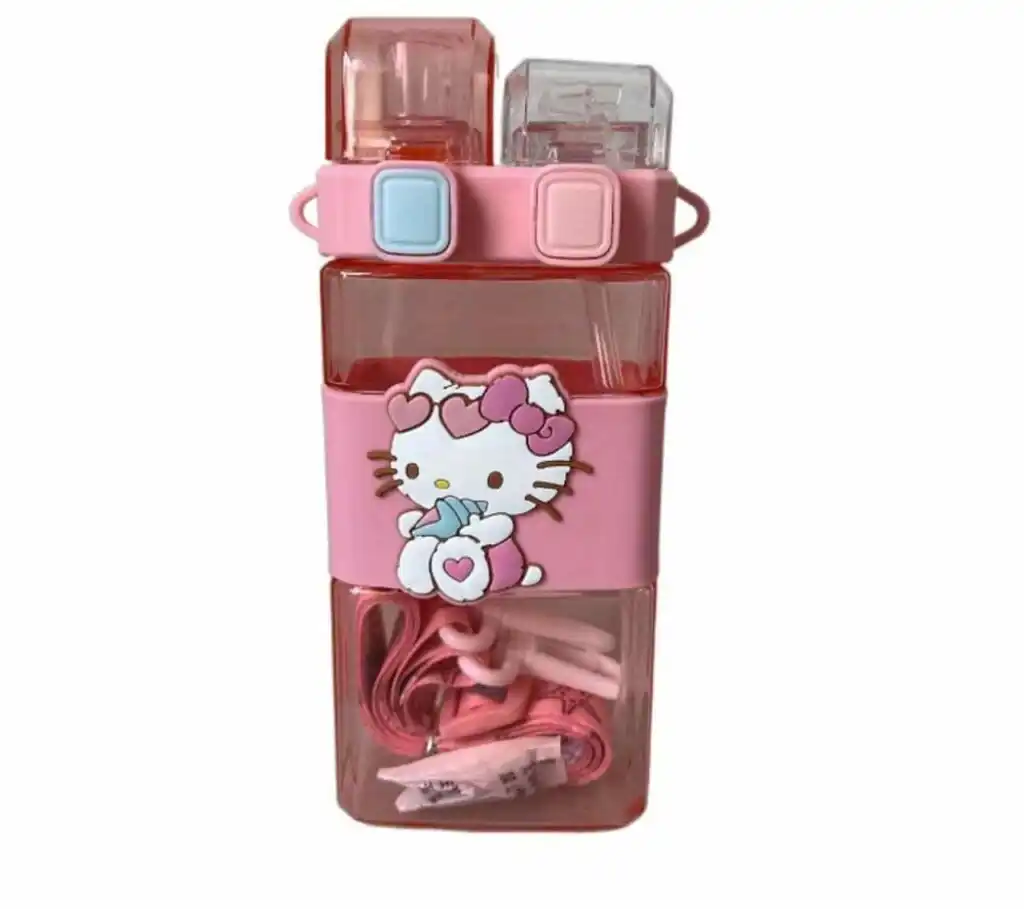 Gourde rose rectangulaire Hello Kitty à double compartiment avec paille et bandoulière assortie.