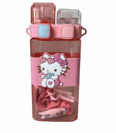 Gourde rose rectangulaire Hello Kitty à double compartiment avec paille et bandoulière assortie.