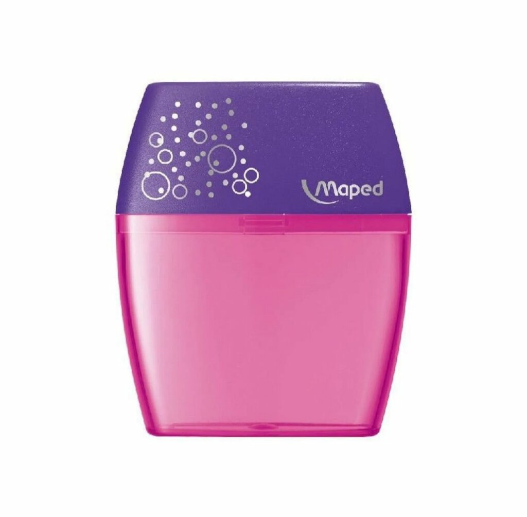 : Un taille-crayon à réservoir de la marque Maped, combinant un couvercle violet sur le dessus et un grand réservoir en plastique rose translucide en bas. Le logo Maped blanc est imprimé sur la partie violette, à côté de motifs graphiques représentant des petites bulles.