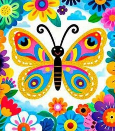Un kit de broderie diamant carré représentant un grand papillon multicolore au centre. Le papillon a un corps noir souriant avec deux antennes courbées et des ailes ornées de motifs symétriques jaunes, roses, bleus et rouges. L'insecte est entouré d'une abondance de fleurs de toutes les couleurs (rose, bleu, orange, rouge, violet, jaune) qui forment une arche florale tout autour du dessin. L'arrière-plan laisse entrevoir un ciel bleu clair avec quelques petits nuages blancs. Toute l'illustration est recouverte d'un quadrillage de petits points prêts à accueillir les strass, ce qui donne un aspect pré-imprimé à la toile.