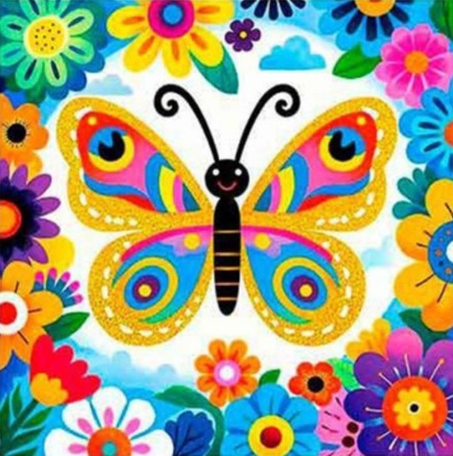 Un kit de broderie diamant carré représentant un grand papillon multicolore au centre. Le papillon a un corps noir souriant avec deux antennes courbées et des ailes ornées de motifs symétriques jaunes, roses, bleus et rouges. L'insecte est entouré d'une abondance de fleurs de toutes les couleurs (rose, bleu, orange, rouge, violet, jaune) qui forment une arche florale tout autour du dessin. L'arrière-plan laisse entrevoir un ciel bleu clair avec quelques petits nuages blancs. Toute l'illustration est recouverte d'un quadrillage de petits points prêts à accueillir les strass, ce qui donne un aspect pré-imprimé à la toile.