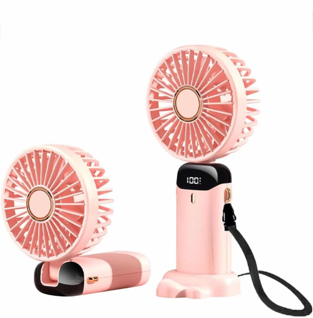 Mini Ventilateur Portable Rose Poudré Rechargeable USB avec Écran LED mini ventilateurs portables rose pastel à écran digital, l'un déplié sur sa base et l'autre plié à 90 degrés.