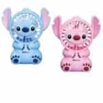 Deux mini ventilateurs portables en forme de Stitch bleu et Angel rose avec l'inscription Likable.