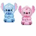 Deux mini ventilateurs portables en forme de Stitch bleu et Angel rose avec l'inscription Likable.