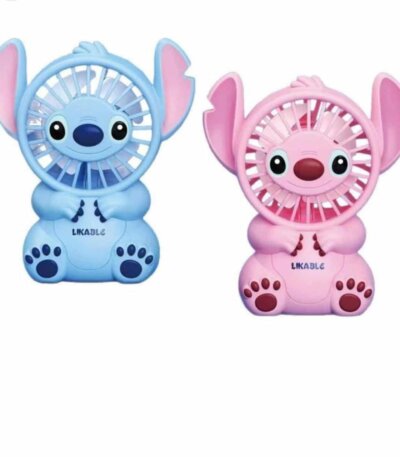 Deux mini ventilateurs portables en forme de Stitch bleu et Angel rose avec l'inscription Likable.