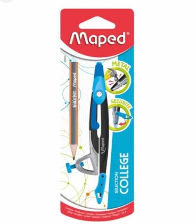 Un emballage cartonné de fournitures scolaires de la marque Maped, de couleur rouge, blanche et bleue. Le produit présenté est un compas en métal noir et bleu de la gamme "College Selection"