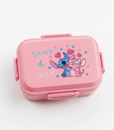 boîte à goûter ou lunch box rose à l'effigie de Stitch & Angel, les célèbres personnages de l'univers Disney Lilo & Stitch