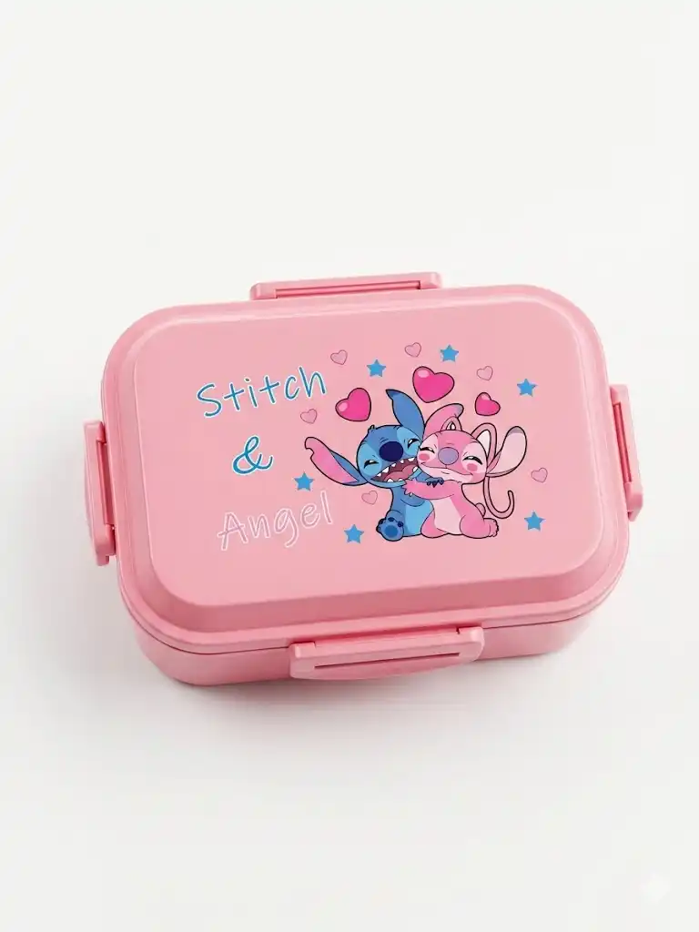 boîte à goûter ou lunch box rose à l'effigie de Stitch & Angel, les célèbres personnages de l'univers Disney Lilo & Stitch
