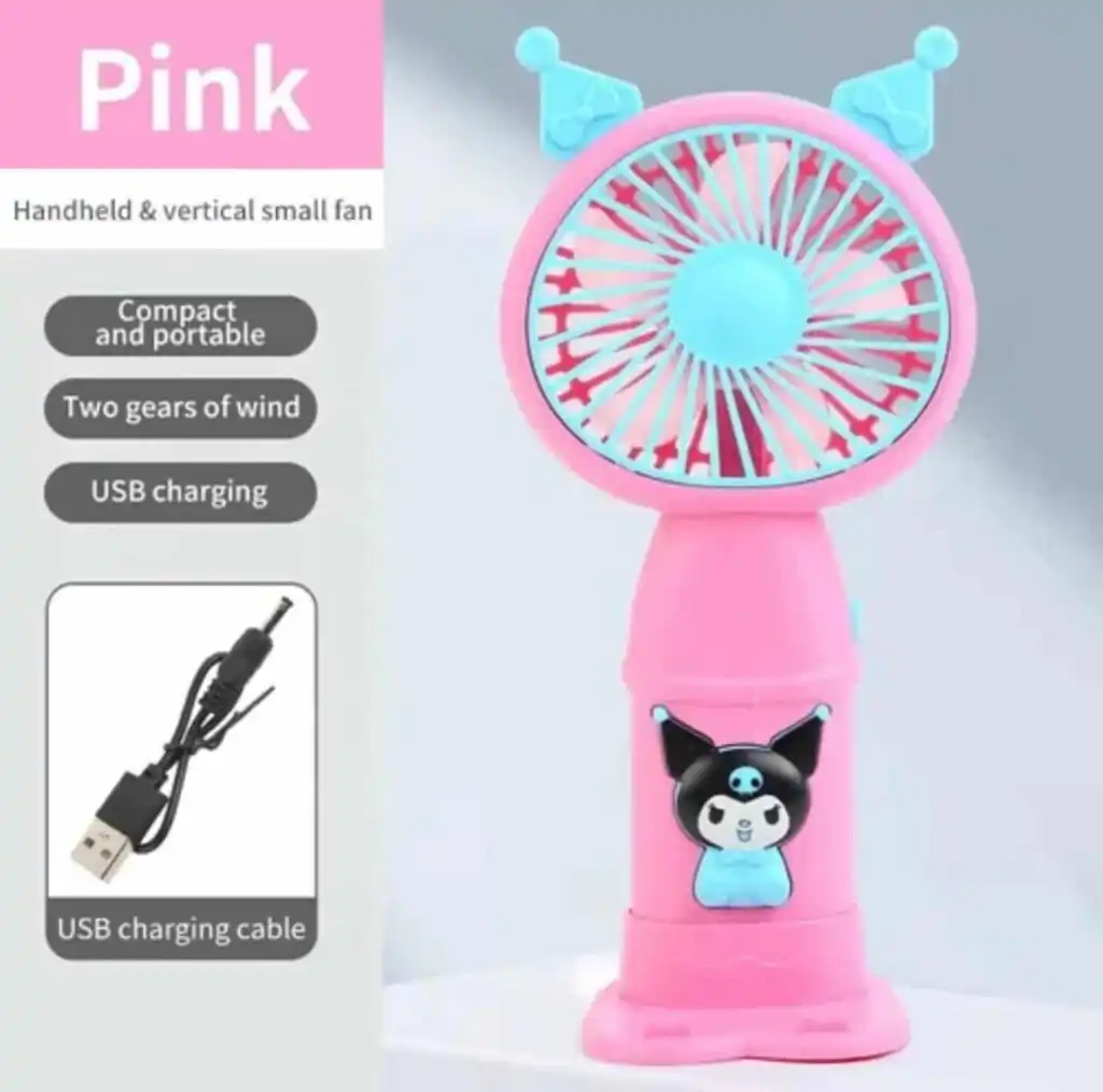 Mini ventilateur de poche rose pour enfant avec oreilles de chat et motif Kuromi sur le manche.
