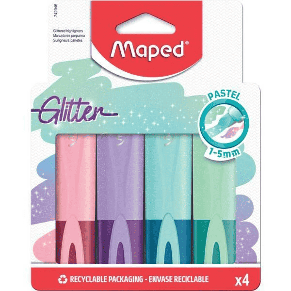 4-surligneurs-maped-pastel-glitter Pochette de 4 Fluo Glitter Coul MAPED – Image 1