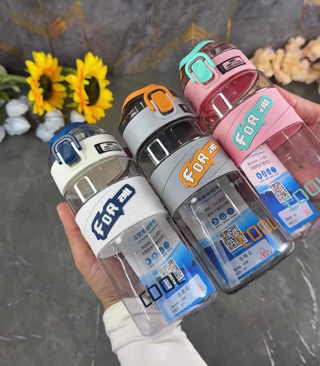 Gourde de Sport Sans BPA 1000ml Bouteilles d'eau réutilisables "FOR all" avec bouchons de couleur et clapets sécurisés.