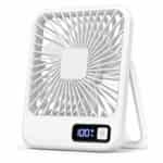 Ventilateur de bureau carré blanc avec écran LED affichant 100% et béquille de support arrière.