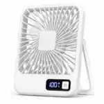 Ventilateur de bureau carré blanc avec écran LED affichant 100% et béquille de support arrière.
