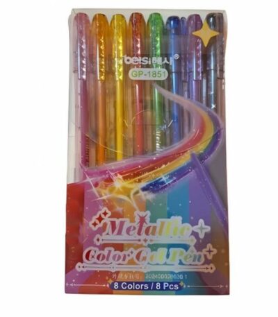 Un étui transparent contenant un ensemble de 8 stylos à encre gel métallisée de la marque « Betsin », modèle « GP-1851