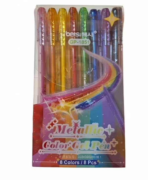 Un étui transparent contenant un ensemble de 8 stylos à encre gel métallisée de la marque « Betsin »