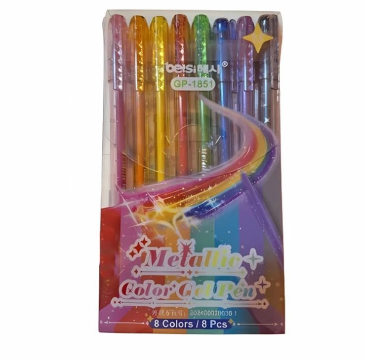 Pochette de 8 stylos à encre gel métallisée Betsin GP-1851. Un étui transparent contenant un ensemble de 8 stylos à encre gel métallisée de la marque « Betsin », modèle « GP-1851