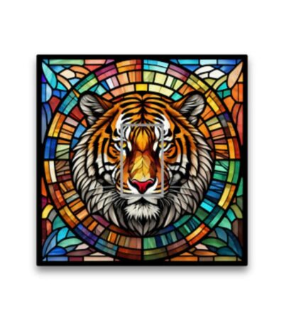 Cette plaque affiche une illustration majestueuse et centrée d'un visage de tigre de Sibérie, intégrée au cœur d'une composition géométrique inspirée de l'art du verre teinté traditionnel
