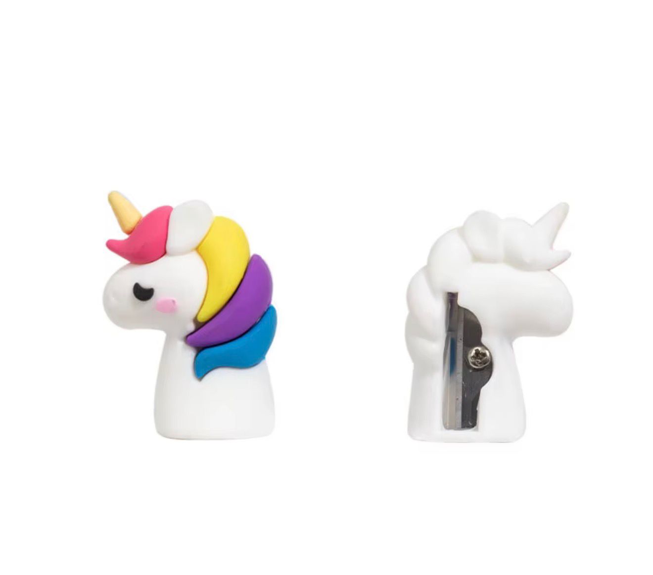 Taille-crayon figurine licorne en silicone multicolore. Un mini taille-crayon en silicone blanc en forme de tête de licorne, présenté de profil et de dos. La figurine possède une crinière multicolore (rose, jaune, violet, bleu), une corne jaune et une joue rose. La vue arrière montre la lame en acier intégrée à la structure.
