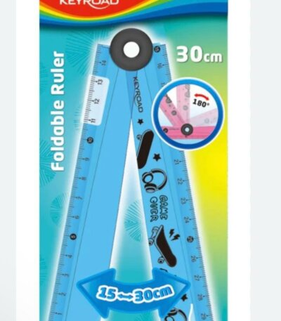 Un emballage en carton coloré de la marque Keyroad présentant une règle pliante en plastique bleu.