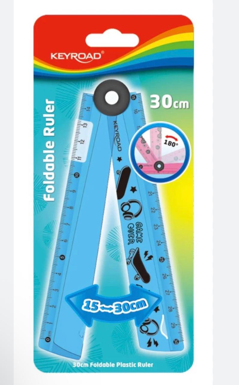 Règle pliante plastique 30 cm Keyroad. Un emballage en carton coloré de la marque Keyroad présentant une règle pliante en plastique bleu.