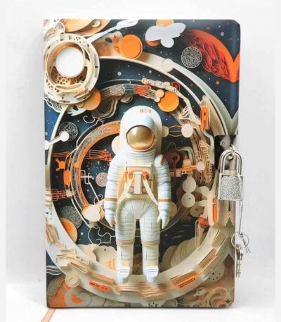 Une figurine ou illustration centrale en relief représentant un astronaute en combinaison spatiale blanche et détails orange, debout sur une structure circulaire.