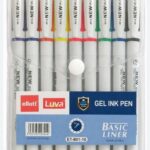 Une pochette en plastique transparent souple fermée par un bouton-pression blanc, contenant un ensemble de 10 stylos à encre gel fine de la marque « ellott Luva », modèle « Basic Liner ET-801-10 ». Les stylos ont un corps blanc opaque avec une zone transparente sur la partie supérieure indiquant « 801A NEW GEL INK PEN ».
