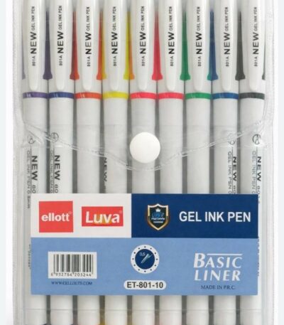 Une pochette en plastique transparent souple fermée par un bouton-pression blanc, contenant un ensemble de 10 stylos à encre gel fine de la marque « ellott Luva », modèle « Basic Liner ET-801-10 ». Les stylos ont un corps blanc opaque avec une zone transparente sur la partie supérieure indiquant « 801A NEW GEL INK PEN ».