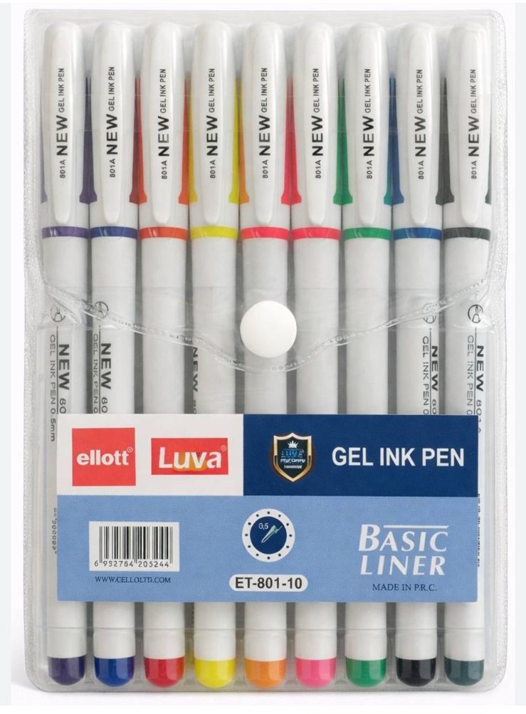 Une pochette en plastique transparent souple fermée par un bouton-pression blanc, contenant un ensemble de 10 stylos à encre gel fine de la marque « ellott Luva », modèle « Basic Liner ET-801-10 ». Les stylos ont un corps blanc opaque avec une zone transparente sur la partie supérieure indiquant « 801A NEW GEL INK PEN ».