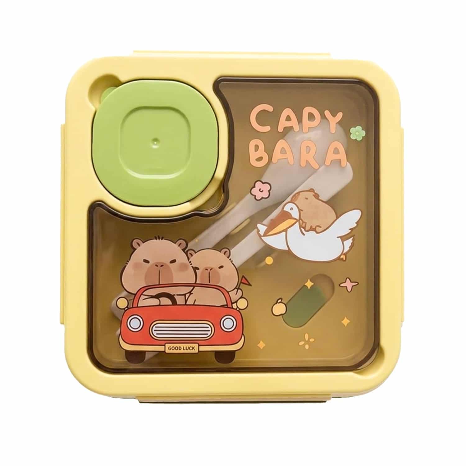 Boîte à Lunch Bento Enfant Capybara – Lunch Box 3 Compartiments Une boîte à lunch (lunch box) carrée de couleur jaune pâle