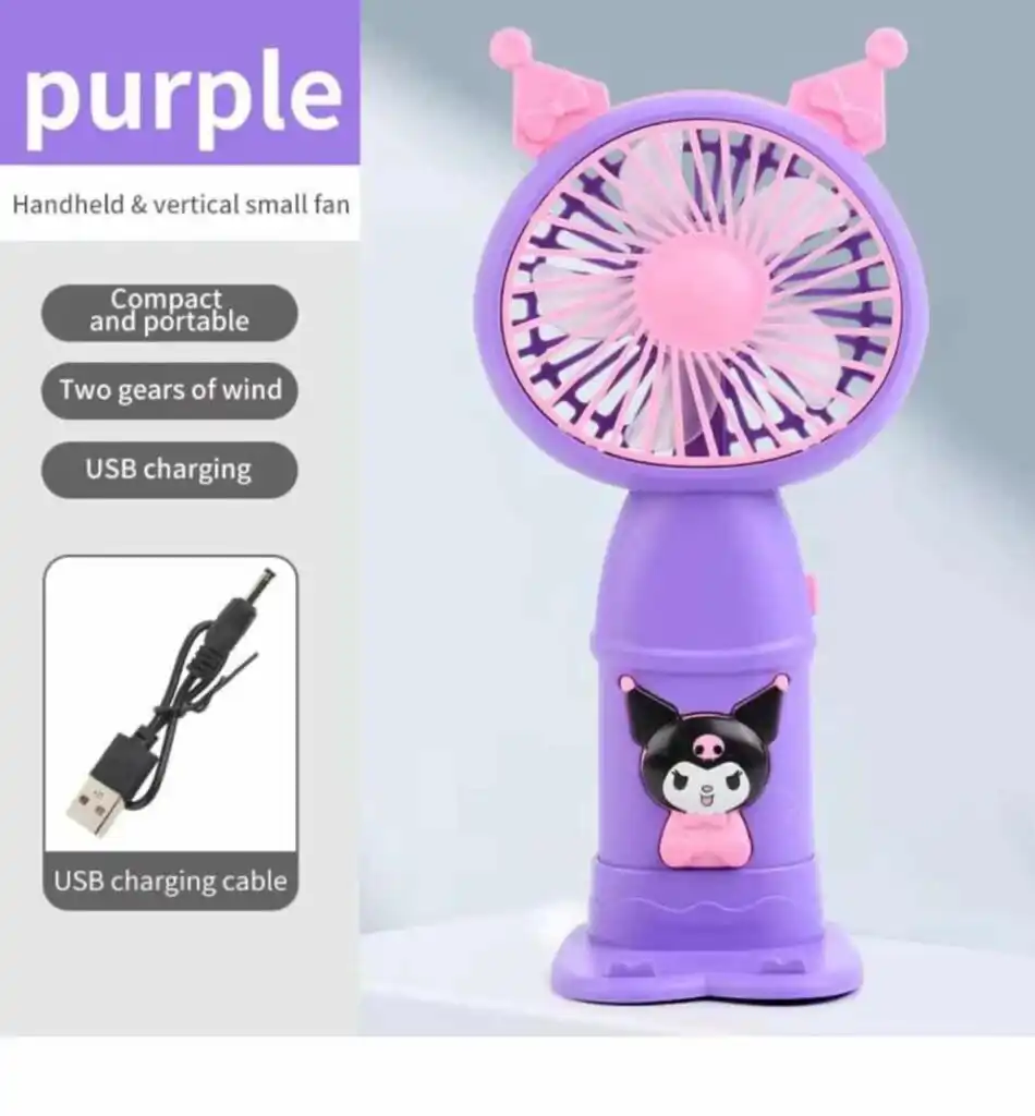 Mini ventilateur de poche violet pour enfant avec oreilles de chat et motif Kuromi sur le manche.