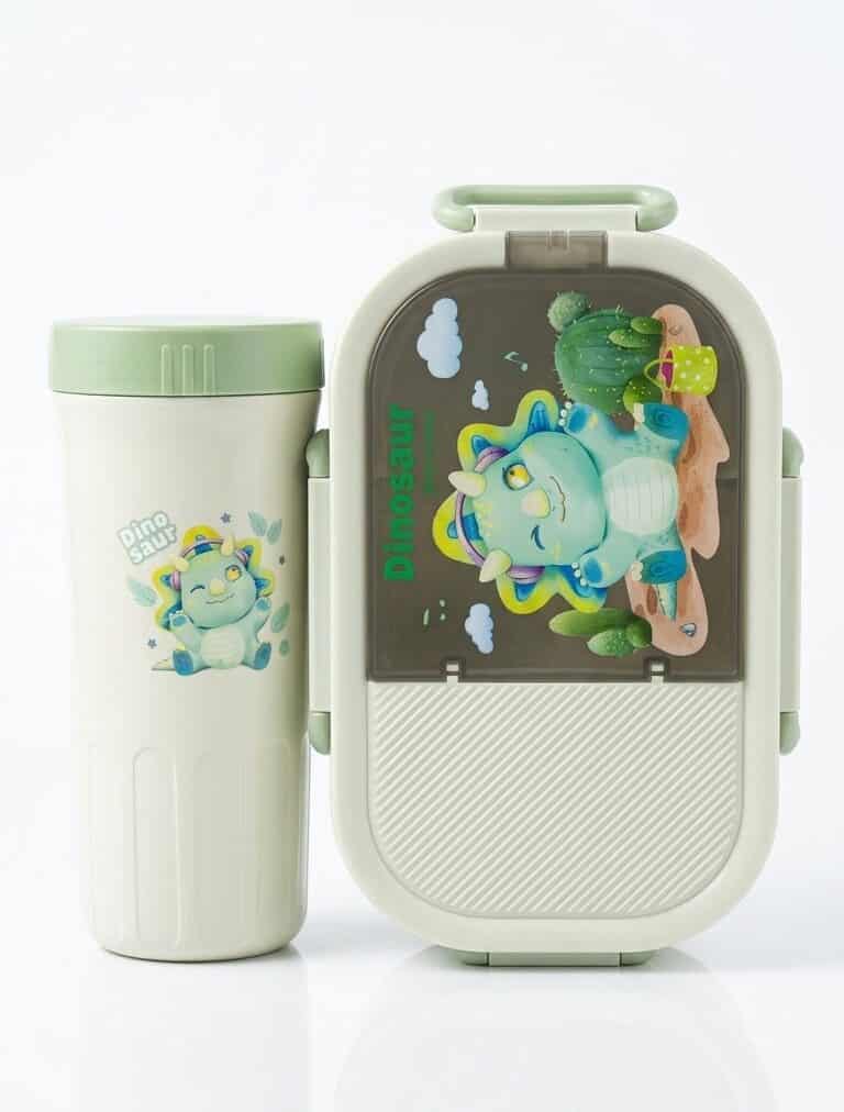 Ensemble Repas Enfant "Petit Dino" – Boîte Bento à Compartiments & Gourde Assortie – Vert Menthe Ensemble de repas pour enfant comprenant une boîte à déjeuner ovale et une gourde assortie de couleur blanc cassé et vert menthe. Le couvercle de la boîte et le devant de la gourde sont décorés d'un petit tricératops bleu rigolo entouré de cactus