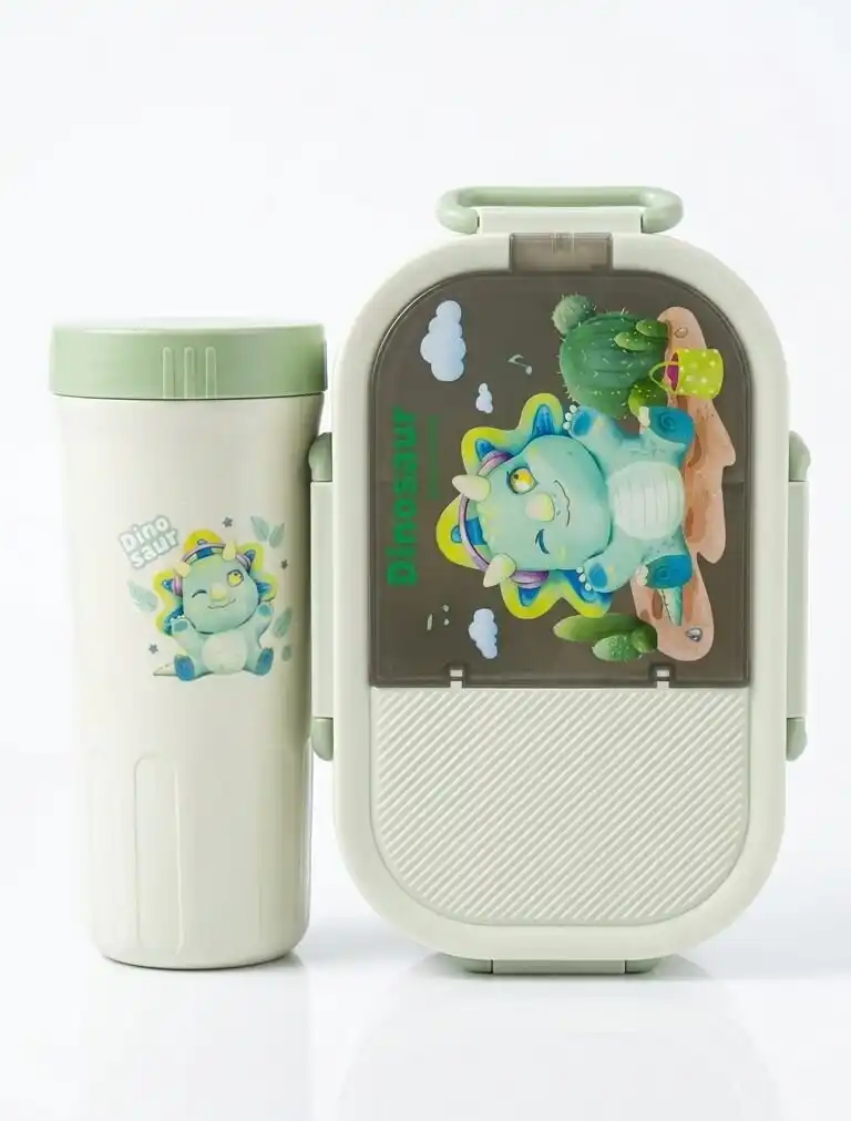 Ensemble de repas pour enfant comprenant une boîte à déjeuner ovale et une gourde assortie de couleur blanc cassé et vert menthe. Le couvercle de la boîte et le devant de la gourde sont décorés d'un petit tricératops bleu rigolo entouré de cactus