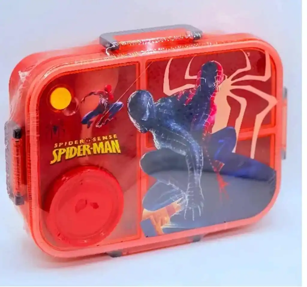Boîte à repas pour enfant rouge et transparente sur le thème de Spider-Man, avec compartiments internes et clips de fermeture latéraux.
