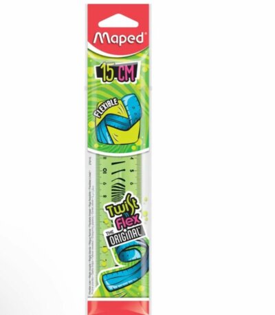 Un emballage transparent vertical et étroit de la marque Maped, présentant une règle verte flexible de 15 centimètres. Le haut du paquet est cartonné en rouge avec le logo blanc « Maped », surplombant un encadré noir au style graphique urbain indiquant « 15 cm ». Juste en dessous, une illustration circulaire montre la règle bleue se tordre avec la mention « FLEXIBLE ».