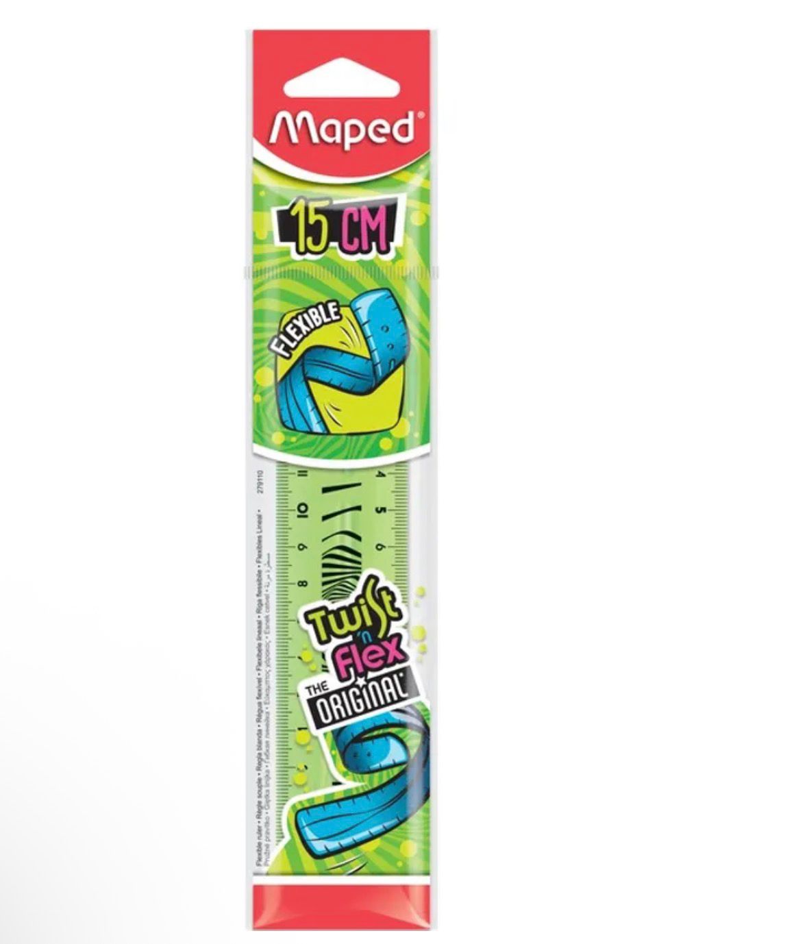 Règle souple Maped Twist 'n Flex 15 cm Un emballage transparent vertical et étroit de la marque Maped, présentant une règle verte flexible de 15 centimètres. Le haut du paquet est cartonné en rouge avec le logo blanc « Maped », surplombant un encadré noir au style graphique urbain indiquant « 15 cm ». Juste en dessous, une illustration circulaire montre la règle bleue se tordre avec la mention « FLEXIBLE ».
