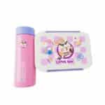 Ensemble repas pour enfant composé d'une gourde rose à bouchon violet et d'une lunch box assortie blanche et violette ornée d'un motif de lapin chanteur.