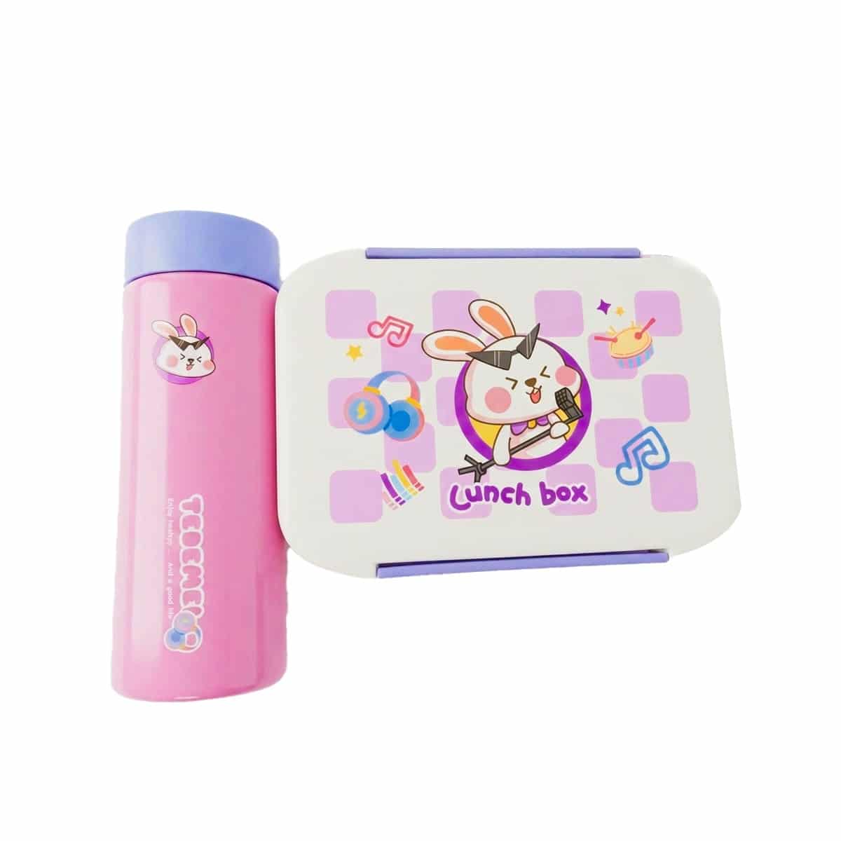 Set Repas Enfant École - Boîte à Déjeuner Hermétique et Gourde Isotherme Tedemei Rose Lapin Ensemble repas pour enfant composé d'une gourde rose à bouchon violet et d'une lunch box assortie blanche et violette ornée d'un motif de lapin chanteur.