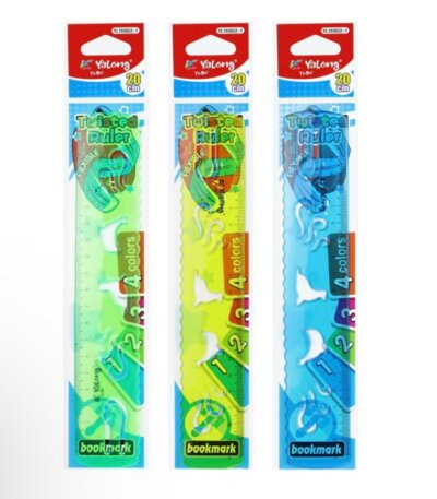 Trois emballages individuels verticaux de la marque Yalong, disposés côte à côte, présentant des règles flexibles de 20 centimètres. En haut de chaque blister rouge, on distingue le logo « Yalong » ainsi qu’une pastille jaune indiquant « 20 cm ».