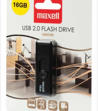 une clé USB de marque Maxell, modèle Venture, emballée dans son blister d'origine.