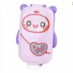 Une boîte à lunch (lunch box) pour enfant en forme de personnage de dessin animé (panda ou ours stylisé) de couleur lilas/violet clair. L'objet présente un visage mignon avec de grands yeux, des petites oreilles violettes en haut et un motif en forme de cœur au centre imitant un sac en bandoulière avec l'inscription « Love » et des illustrations de fraises et de fleurs.