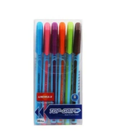 Un étui en plastique transparent contenant un lot de 6 stylos à bille de la marque Unimax, modèle Top-Grip. Les stylos sont alignés verticalement côte à côte. Chaque stylo possède un corps cylindrique principalement bleu clair, avec des détails longitudinaux et un capuchon à clip colorés qui indiquent la couleur de l'encre.