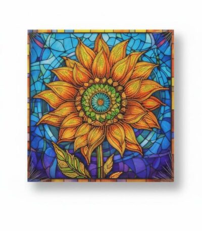 Un tableau carré de broderie diamant représentant un grand tournesol jaune et orange stylisé comme un vitrail. Le cœur de la fleur forme un mandala aux cercles concentriques verts et bleus, tandis que les pétales sont recouverts de points texturés et de strass. L'arrière-plan imite une mosaïque de verre plombé dans des teintes bleu ciel, turquoise et violettes. Le tableau projette une ombre douce sur un fond blanc uni.
