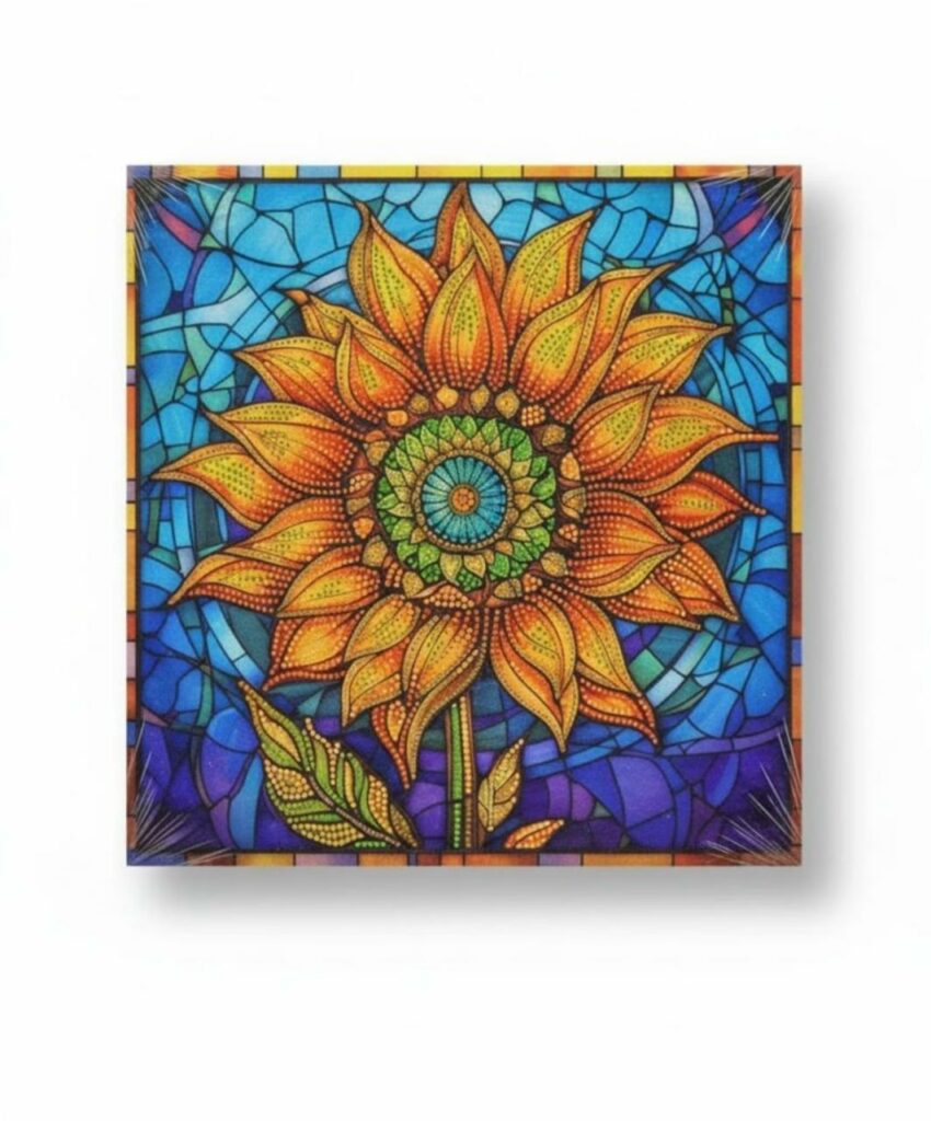 Un tableau carré de broderie diamant représentant un grand tournesol jaune et orange stylisé comme un vitrail. Le cœur de la fleur forme un mandala aux cercles concentriques verts et bleus, tandis que les pétales sont recouverts de points texturés et de strass. L'arrière-plan imite une mosaïque de verre plombé dans des teintes bleu ciel, turquoise et violettes. Le tableau projette une ombre douce sur un fond blanc uni.