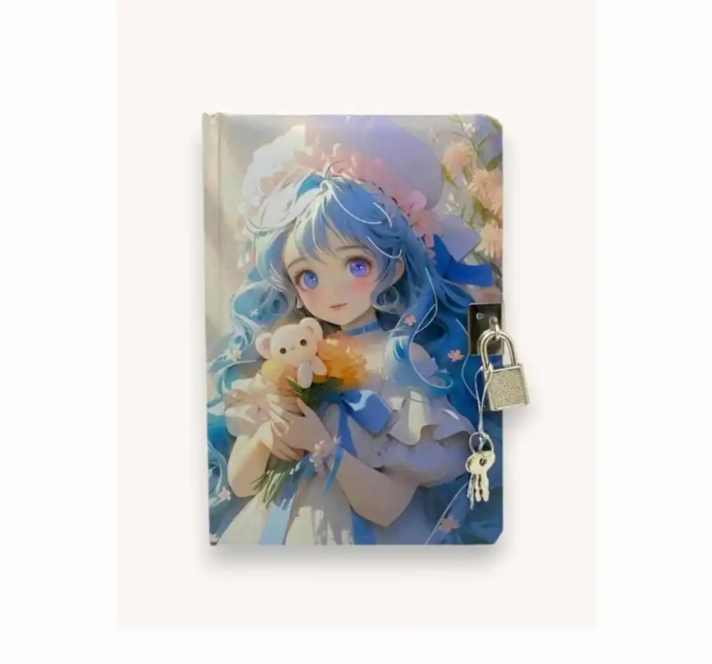 Carnet secret à couverture rigide illustré d’une jeune fille anime aux cheveux bleus, équipé d’un cadenas métallique et de clés.