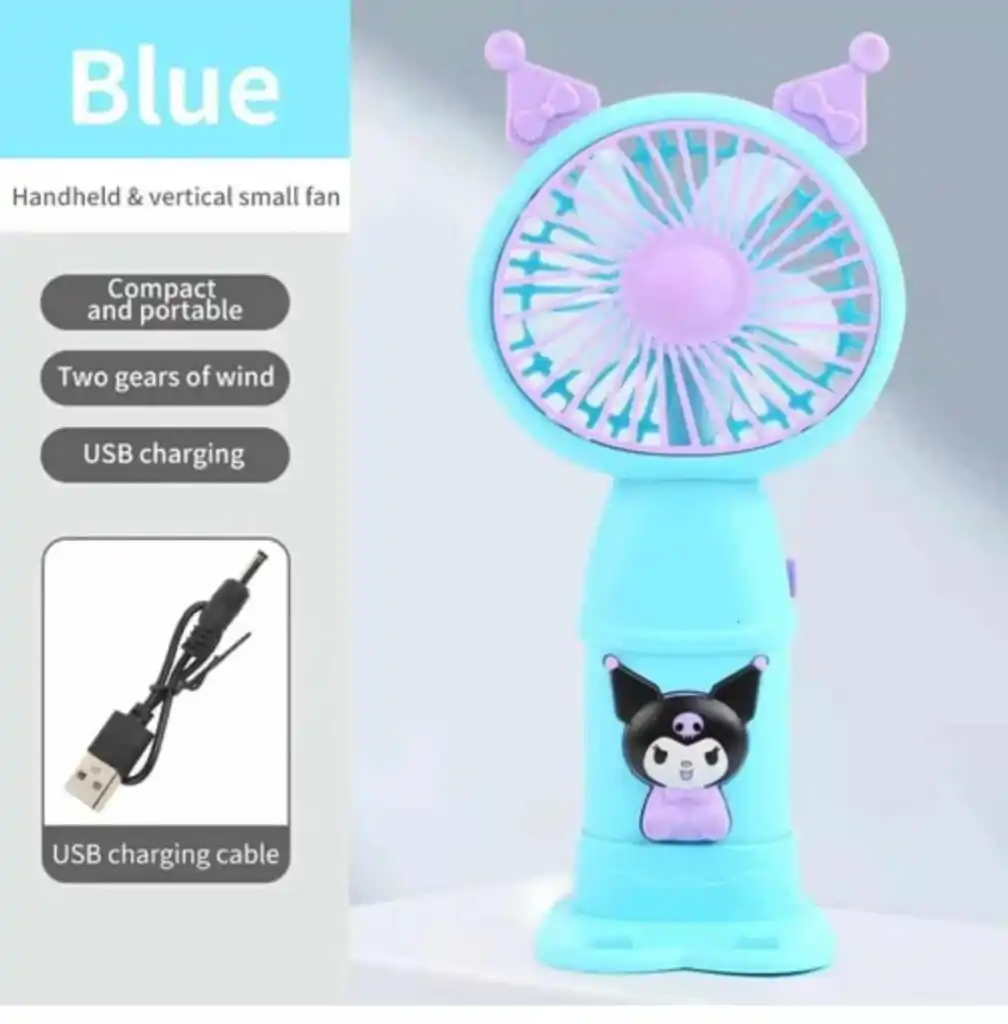 Mini ventilateur de poche bleu pour enfant avec oreilles de chat et motif Kuromi sur le manche